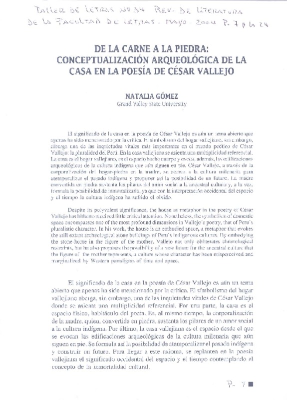 De la carne a la piedra : conceptualización arqueológica de la casa en la poesía de César Vallejo [artículo] Natalia Gómez.