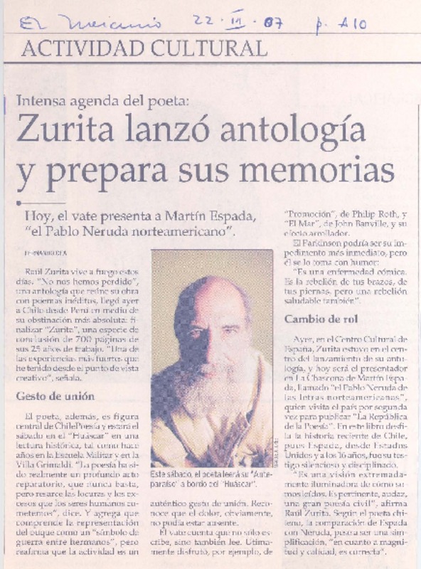 Zurita lanzó antología y prepara sus memorias  [artículo] Fernando Cea.