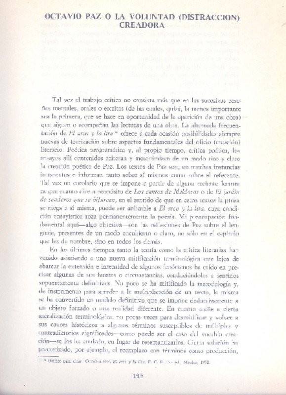 Octavio Paz o la voluntad (distracción) creadora  [artículo] Juan Octavio Prenz.