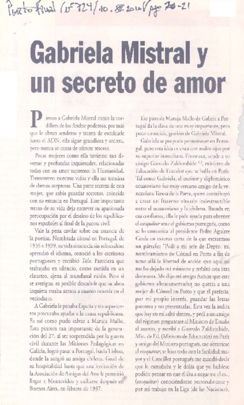 Gabriela Mistral y un secreto de amor  [artículo] Virginia Vidal.