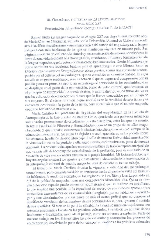 Gramática y cultura en La lengua mapuche en el siglo 21  [artículo] Rodrigo Moulian T.