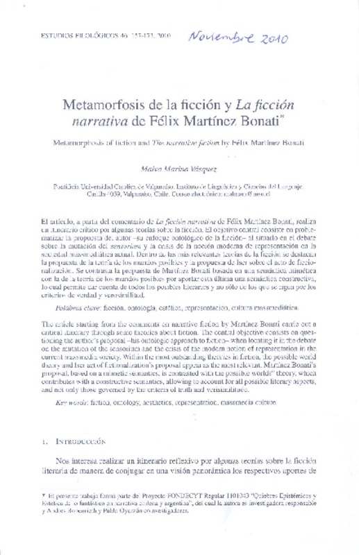 Metamorfosis de la ficción y La ficción narrativa de Félix Martínes Bonati  [artículo] Malva Marina Vásquez.