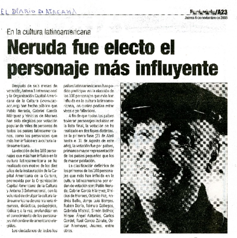 Neruda fue electo el personaje más influyente.  [artículo]