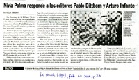 Nivia Palma responde a los editores Pablo Dittborn y Arturo Infante  [artículo] Daniella Girardi.