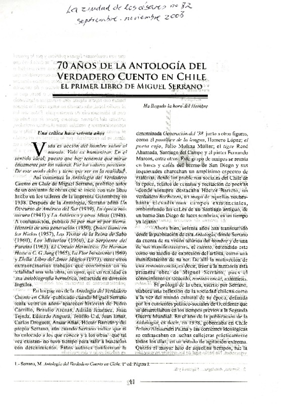 70 años de la antología del verdadero cuento en Chile: el primer libro de Miguel Serrano [artículo] Rafael Videla Eissmann.