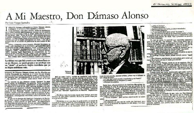 A mi maestro, don Dámaso Alonso  [artículo] Luis Vargas Saavedra.