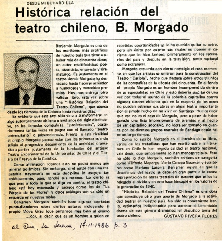 Histórica relación del teatro chileno, B. Morgado  [artículo] Gustavo Rivera Flores.