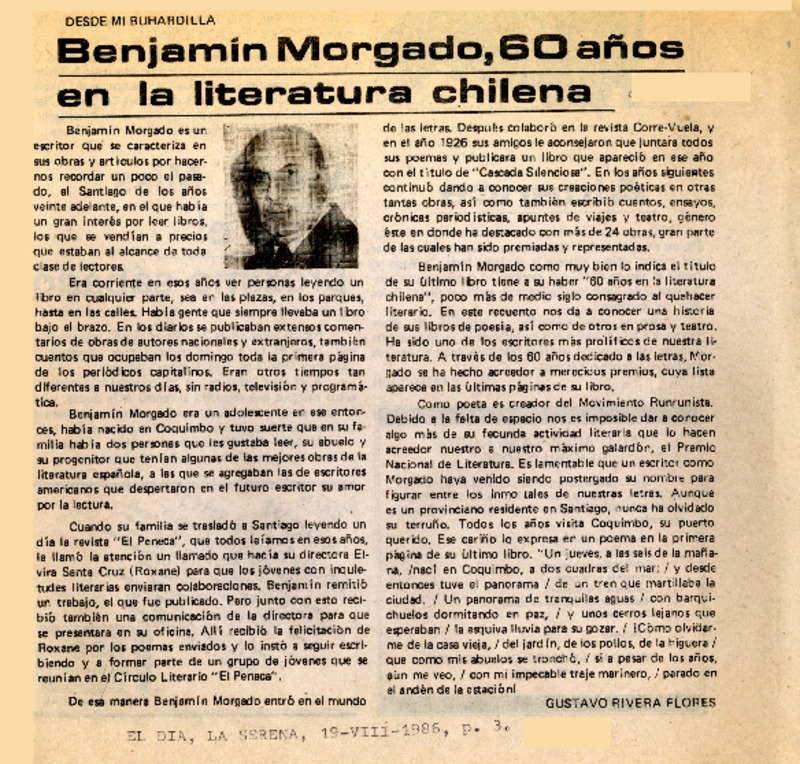 Benjamín Morgado, 60 años en la literatura chilena  [artículo] Gustavo Rivera Flores.