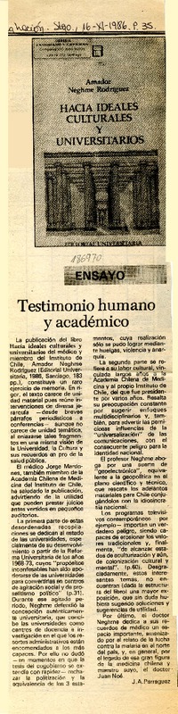 Testimonio humano y académico  [artículo] J. A. Parraguez.