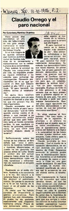 Claudio Orrego y el paro nacional  [artículo] Gutenberg Martínez Ocamica.