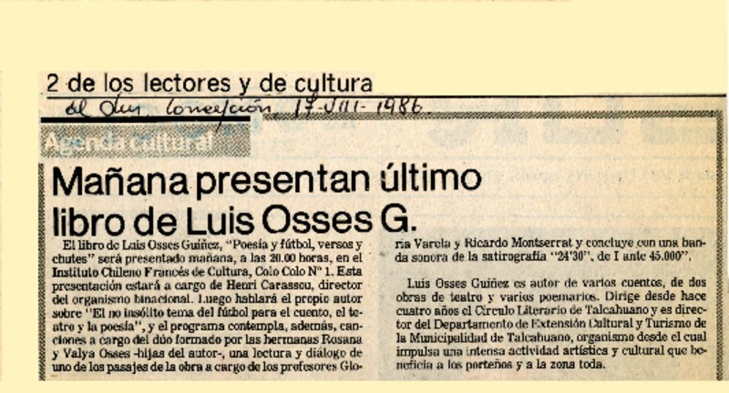 Mañana presentan último libro de Luis Osses G.  [artículo].