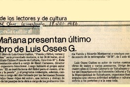 Mañana presentan último libro de Luis Osses G.  [artículo].
