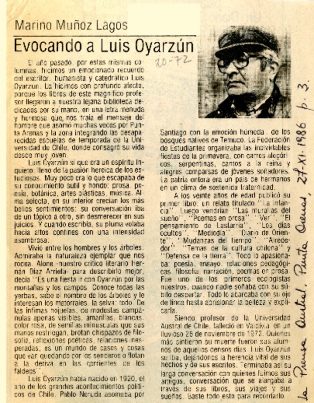 Evocando a Luis Oyarzún  [artículo] Marino Muñoz Lagos.