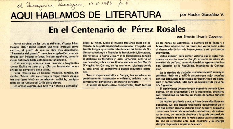 En el centenario de Pérez Rosales  [artículo] Ernesto Livacic Gazzano.
