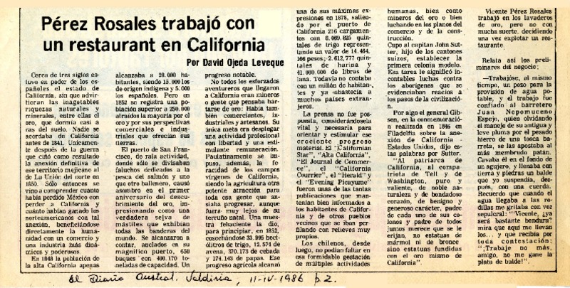 Pérez Rosales trabajó con un restaurant en California  [artículo] David Ojeda Leveque.
