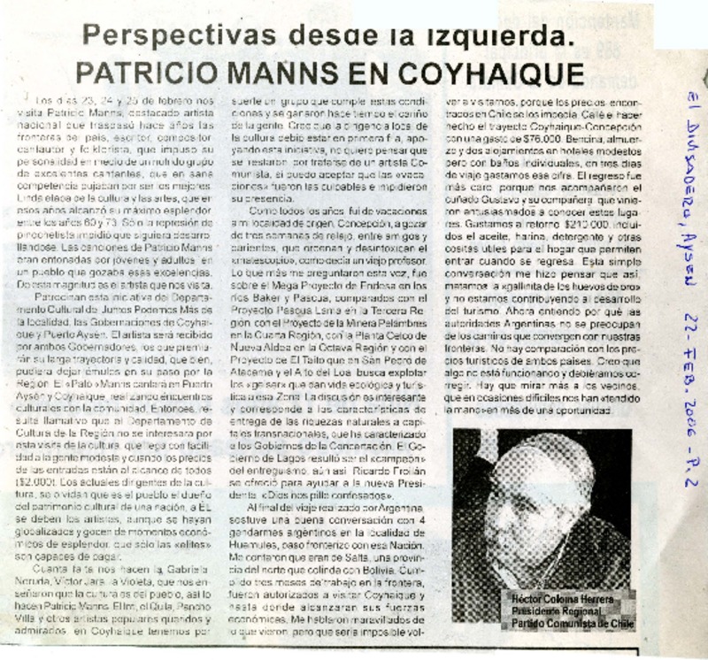 Perspectivas desde la izquierda :  [artículo] Héctor Coloma Herrera.