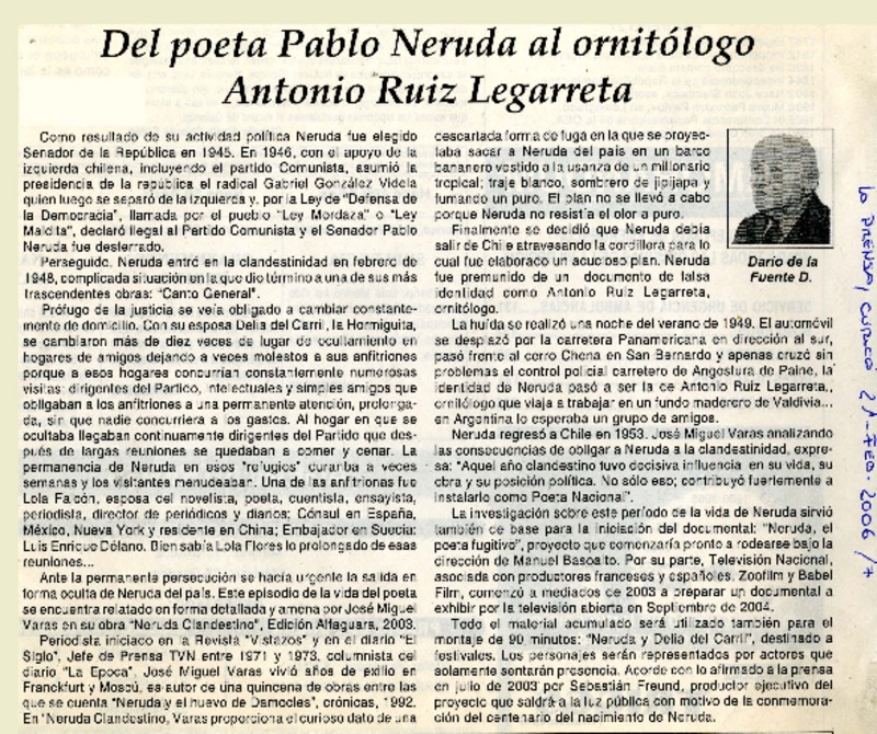 Del poeta Pablo Neruda al ornitólogo Antonio Ruiz Legarreta  [artículo] Darío de la Fuente D.