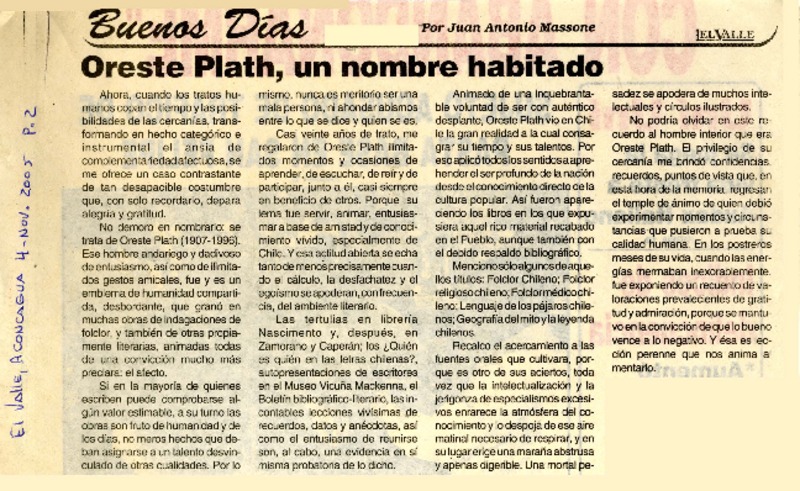 Oreste Plath, un nombre habitado  [artículo] por Juan Antonio Massone.