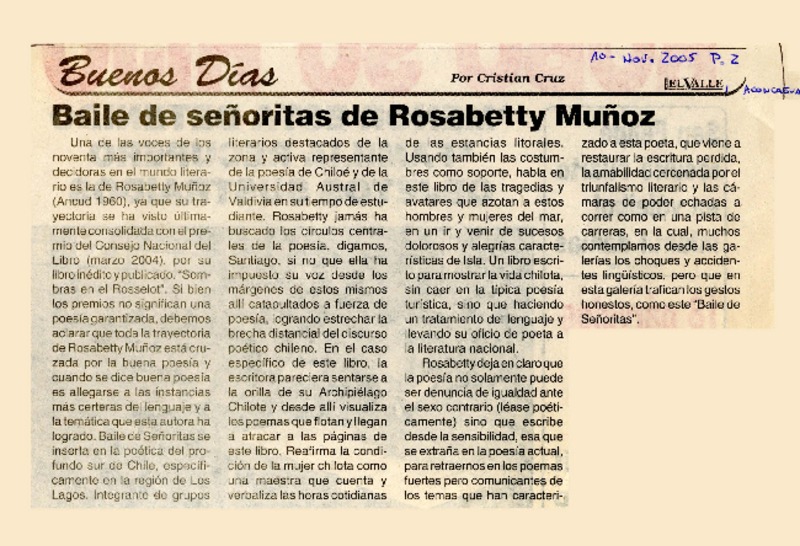 Baile de señoritas de Rosabetty Muñoz  [artículo] por Cristian Cruz.