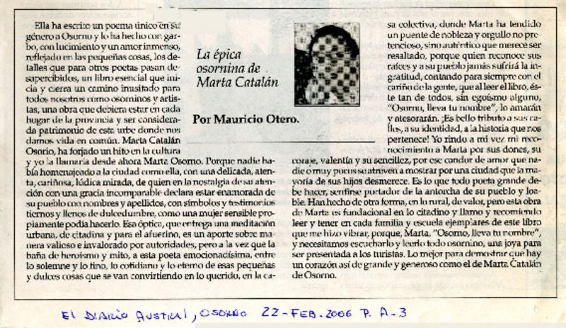 La épica osornina de Marta Catalán  [artículo] por Mauricio Otero.