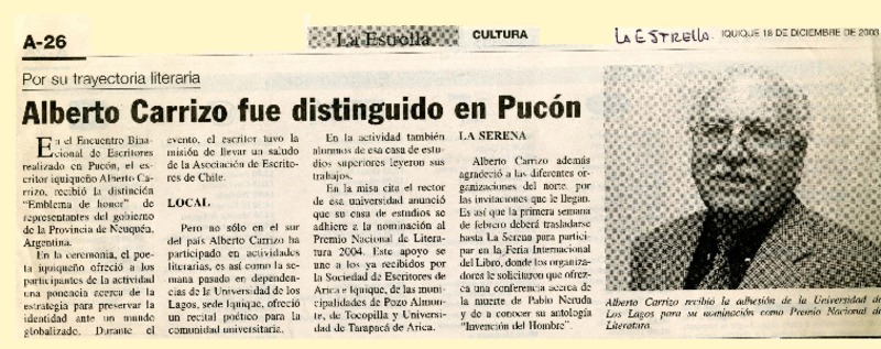 Alberto Carrizo fue distinguido en Pucón  [artículo]