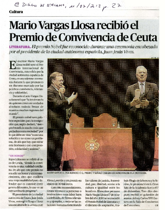 Mario Vargas Llosa recibió el Premio de Convivencia de Ceuta  [artículo]
