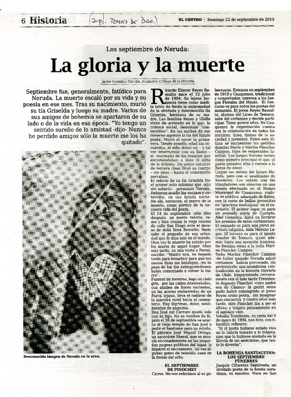 Los septiembre de Neruda: La gloria y la muerte  [artículo] Jaime González Colville
