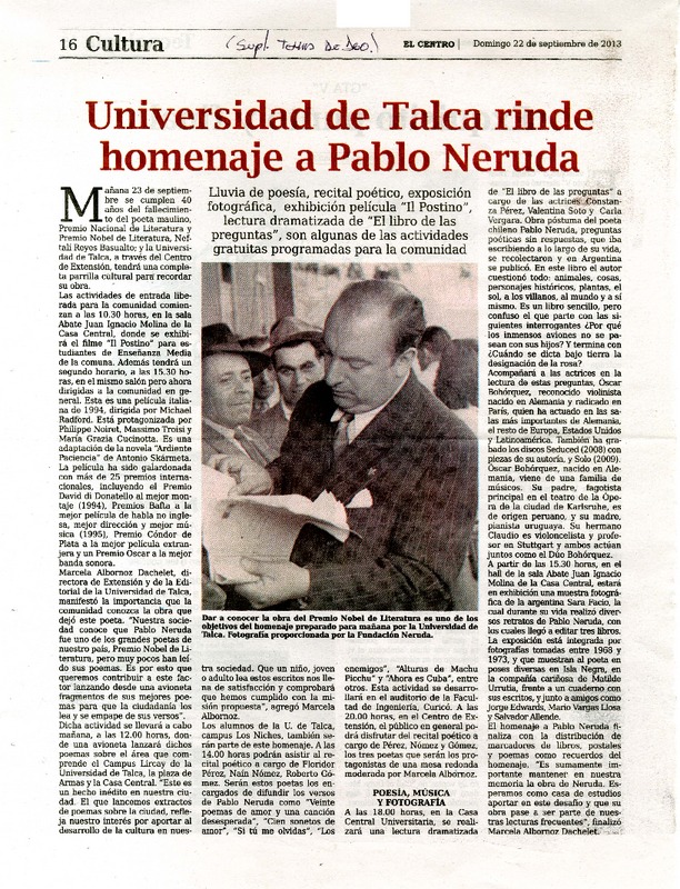 Universidad de Talca rinde homenaje a Pablo Neruda  [artículo]