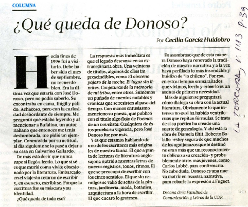 ¿Qué queda de Donoso?  [artículo] Cecilia García-Huidobro