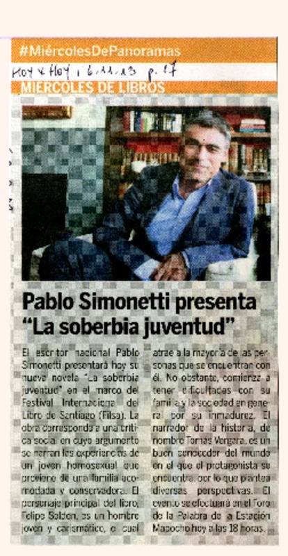 Pablo Simonetti presenta "La soberbia juventud"  [artículo]