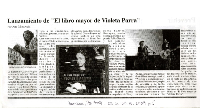 Lanzamiento de "el libro mayor de Violeta Parra"  [artículo] Ana Montrosis.