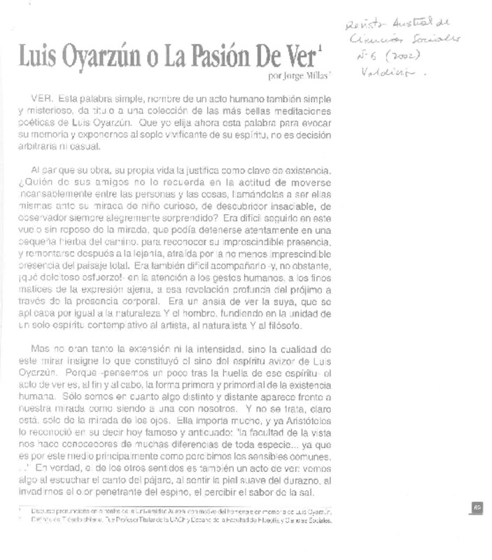 Luis Oyarzún o la pasión de ver  [artículo] Jorge Millas.