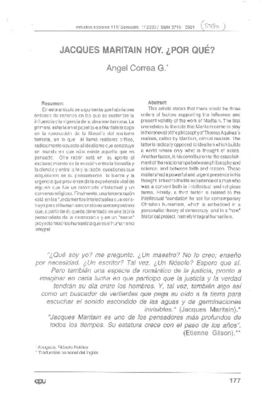 Jacques Maritain hoy ¿Por qué?  [artículo] Angel Correa G.