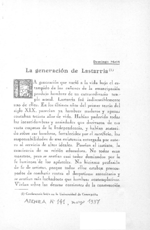 La generación de Lastarria  [artículo] Domingo Melfi.