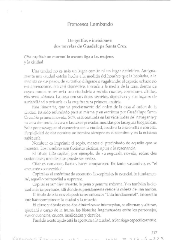De grafías e incisiones: dos novelas de Guadalupe Santa Cruz  [artículo] Fracesca Lombardo.