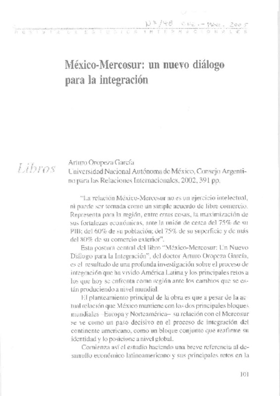 México-Mercosur: un nuevo diálogo para la integración  [artículo] Sofía Covarrubias.