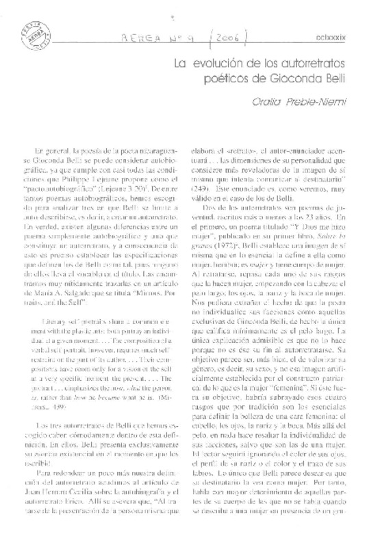 La evolución de los autorretratos poéticos de Gioconda belli  [artículo] Oralia Preble-Niemi.