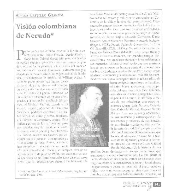 Visión colombiana de Neruda  [artículo] Alvaro Castillo Granada.