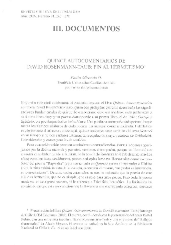 Quince autocomentarios de David Rosenmann-Taub  [artículo] Paula Miranda H.