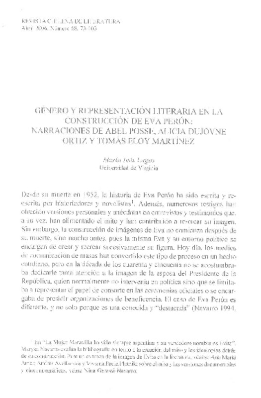 Género y representación literaria en la construcción de Eva Perón  [artículo] María Inés Lagos.