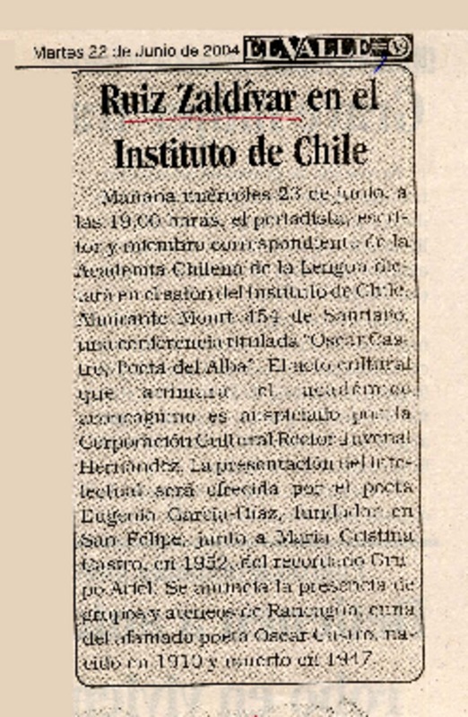 Ruíz Zaldívar en el Instituto de Chile.  [artículo]