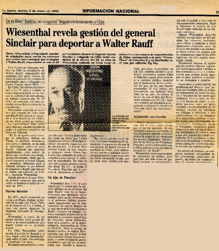 Wiesenthal revela gestión del general Sinclair para deportar a Walter Rauff.  [artículo]