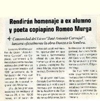 Rendirán homenaje a ex alumno y poeta copiapino Romeo Murga Comunidad del Liceo "José Antonio Carvajal", lanzará oficialmente la obra Danza a la Sombra [artículo] :