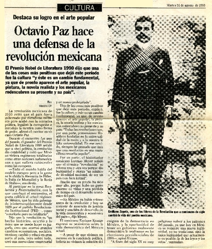 Octavio Paz hace una defensa de la Revolución Mexicana.  [artículo]