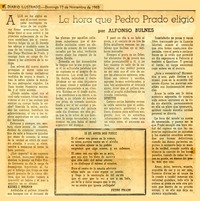 La hora que Pedro Prado eligió  [artículo] Alfonso Bulnes.