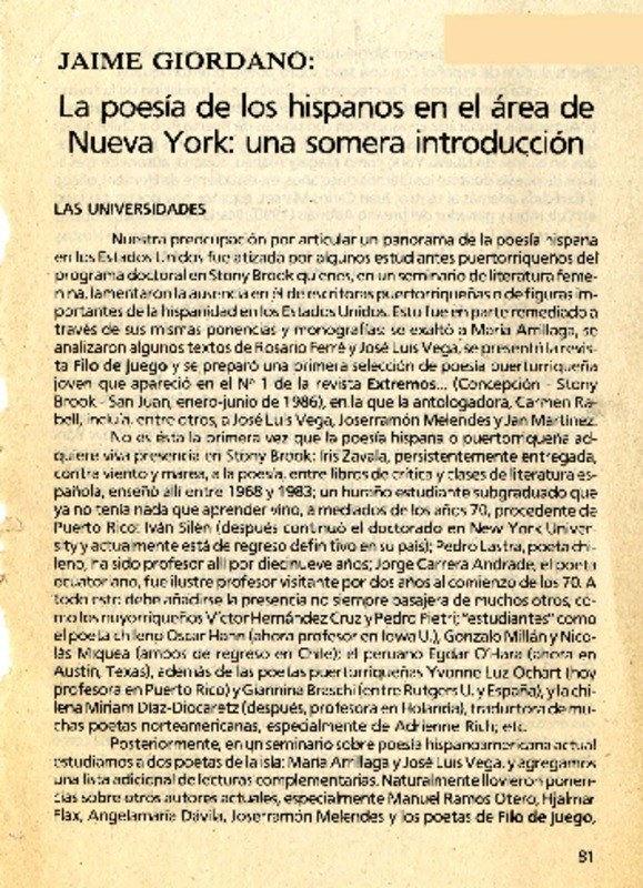 La poesía de los hispanos en el área de Nueva York, una somera introducción  [artículo] Jaime Giordano.
