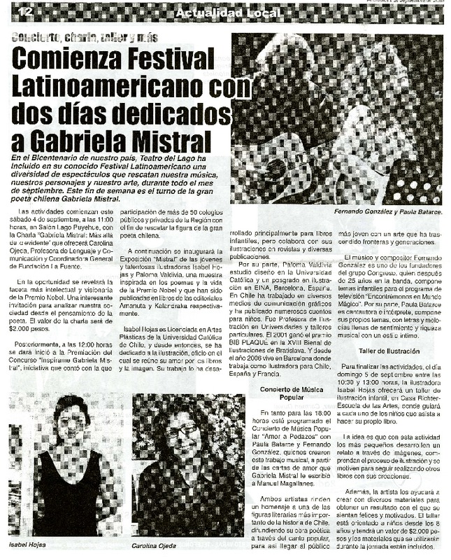 Comienza festival latinoamericano con dos días dedicados a Gabriela Mistral  [artículo].