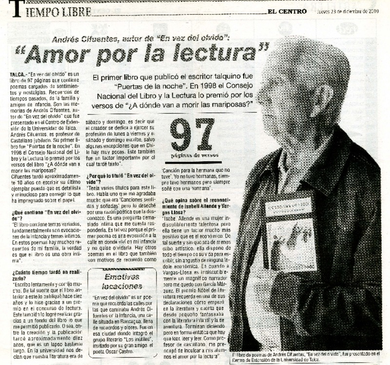 Amor por la lectura (entrevista)  [artículo] Andrés Cifuentes R.