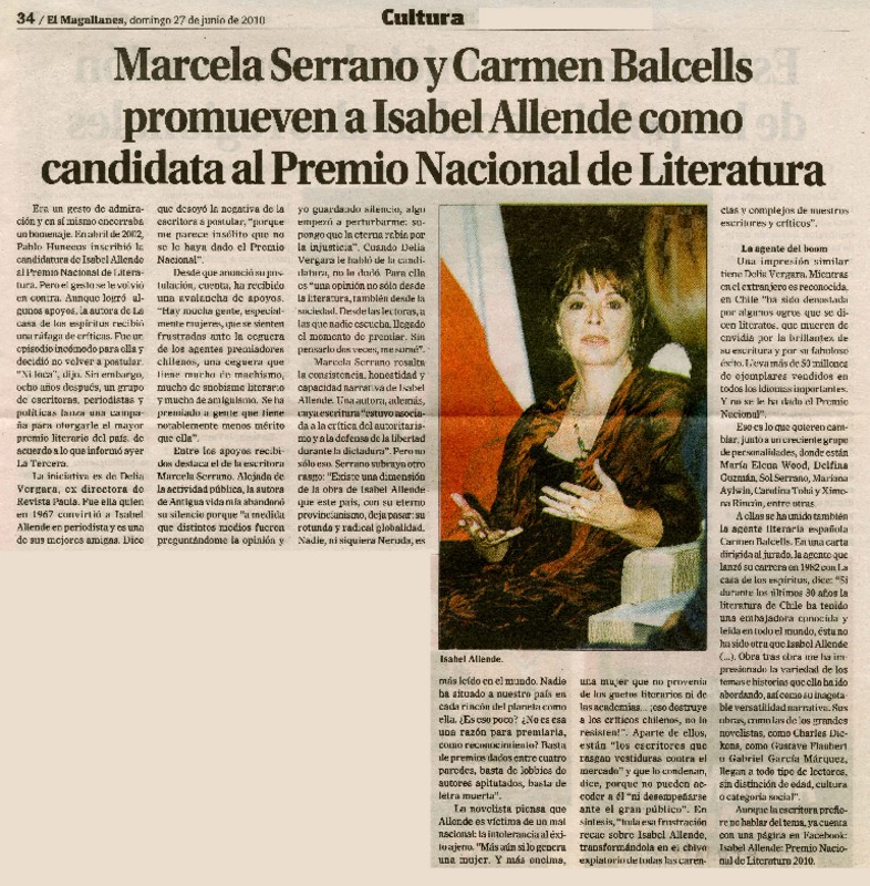 Marcela Serrano y Carmen Balcells promueven a Isabel Allende como candidata al Premio Nacional de Literatura  [artículo].