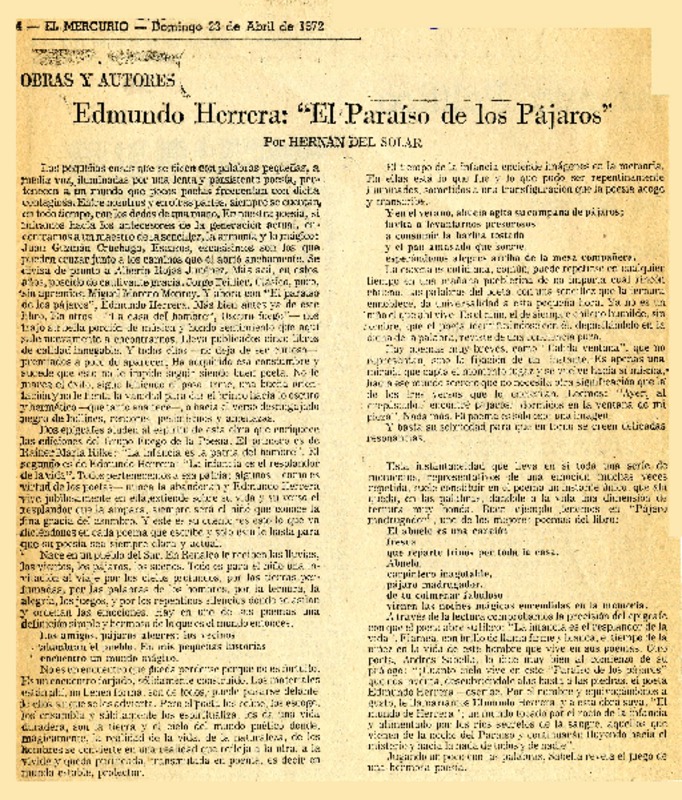 Edmundo Herrera, "El paraíso de los pájaros"  [artículo] Hernán del Solar.